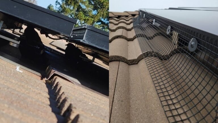 Before and after photo of us bird proofing solar panels in Sacramento