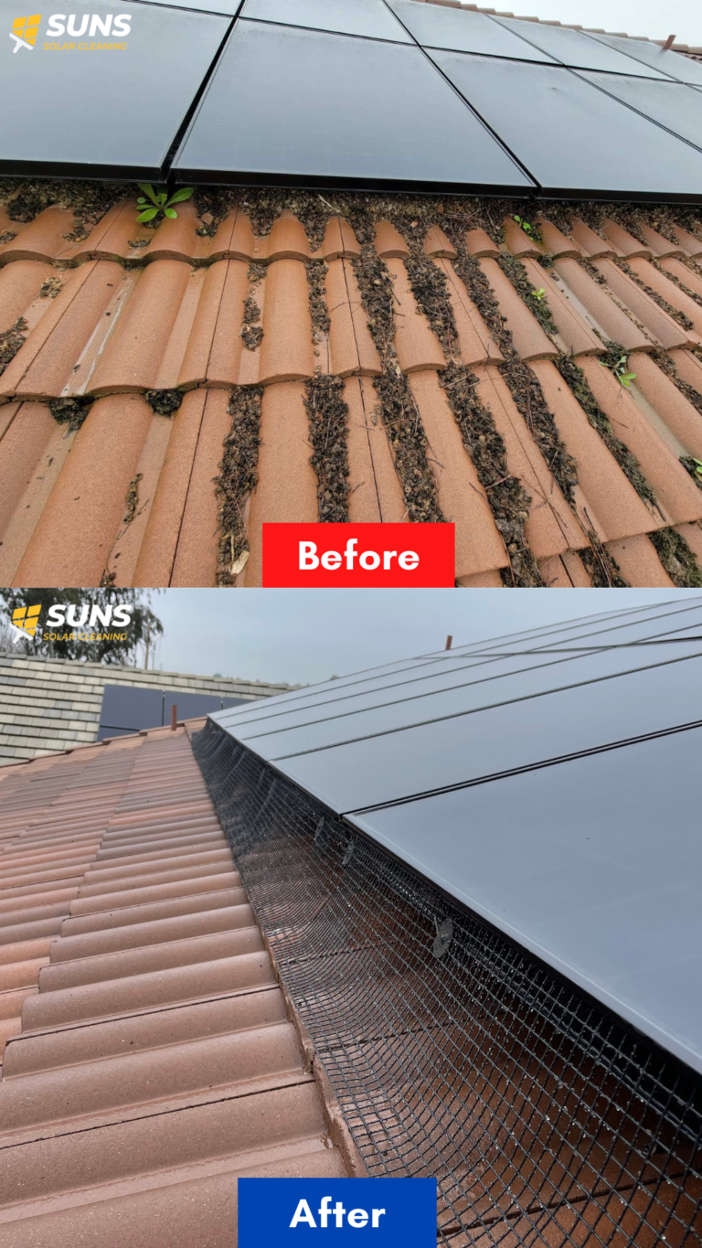 before and after photos of a solar panel bird guard installation